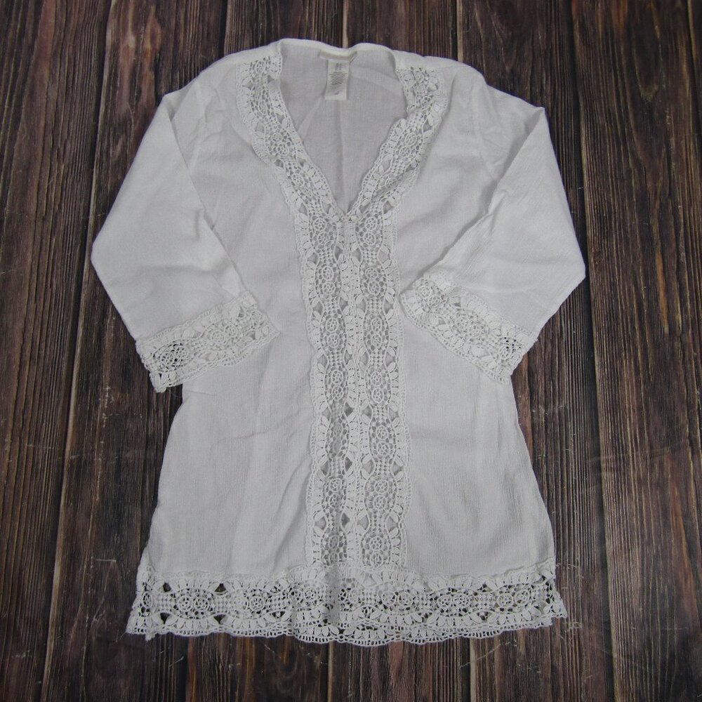 La Blanca Tunic Cover Up Womens Medium White Crochet Lace Beach Cotton Swim